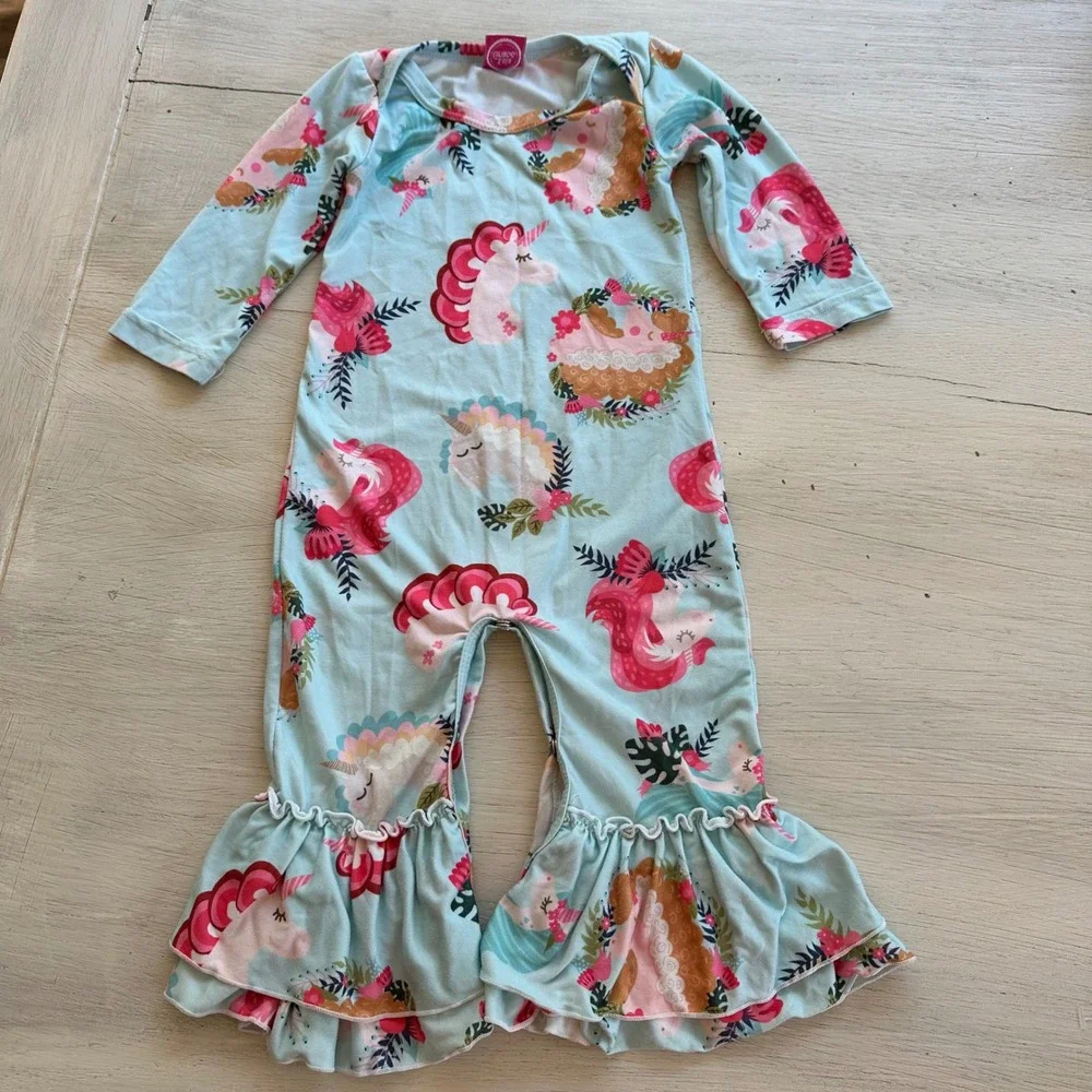Isla Grace Baby Girls Unicorn Ruffle Bell Bottom Romper‎ Jumpsuit 6 9 Months